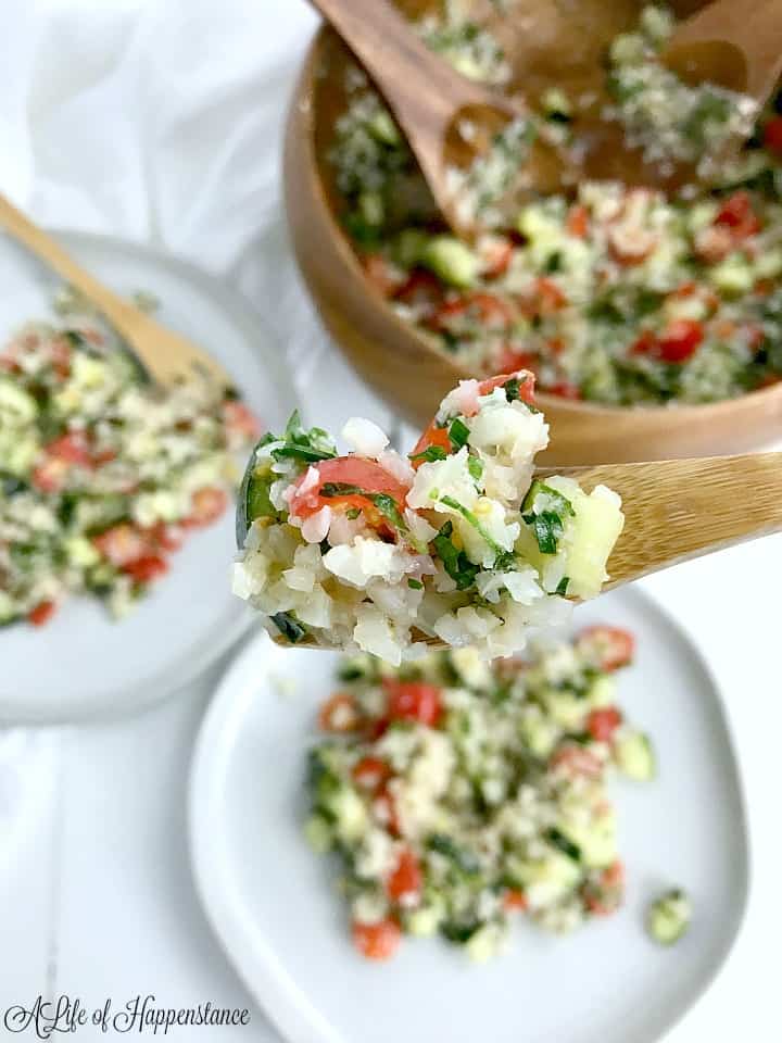 A forkful of cauliflower tabbouleh. 