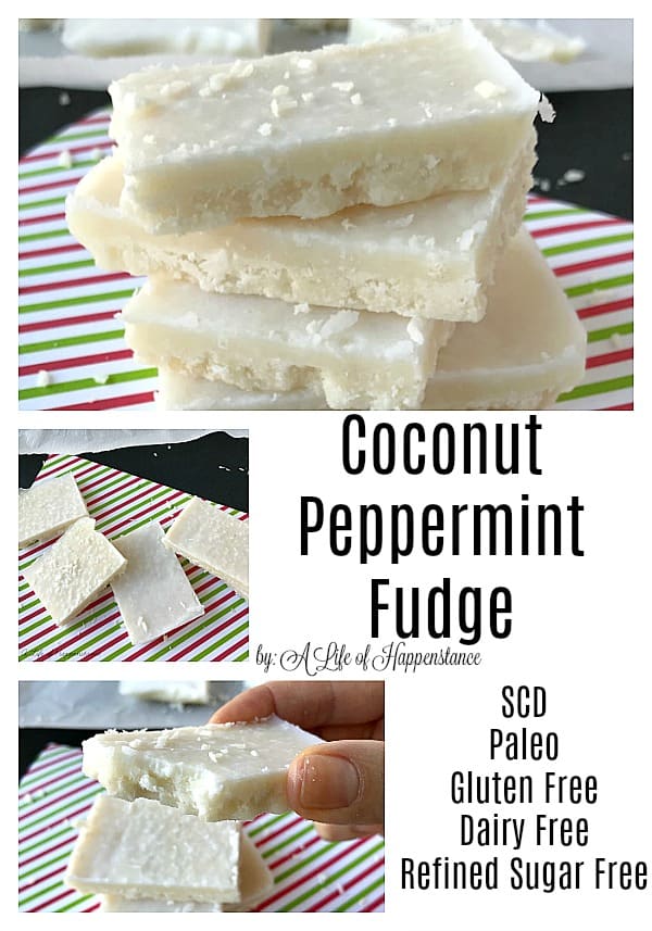 This paleo coconut fudge uses just five wholesome ingredients and is flavored with peppermint to taste like a candy cane! It's an easy dessert recipe that's also SCD, gluten free, dairy free, and refined sugar free. 