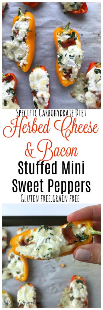 These mini sweet peppers are stuffed with a combination of dry curd cottage cheese, cheddar cheese, crispy bacon and fresh basil. This cheesy perfection is baked for just 10 minutes! SCD. Gluten free and grain free. 