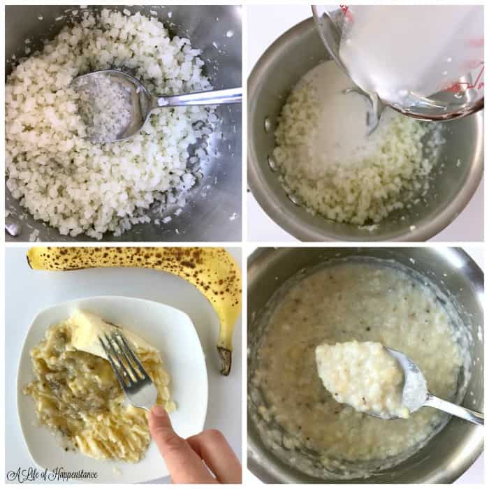 A four picture collage showing the process of making the oatmeal. Photo 1, the cauliflower rice simmering in a saucepan. Photo 2, pouring coconut milk into the pan. Photo 3, mashing a ripe banana with the back of a fork. Photo 4, a spoonful of the cauliflower coconut milk mixture. 