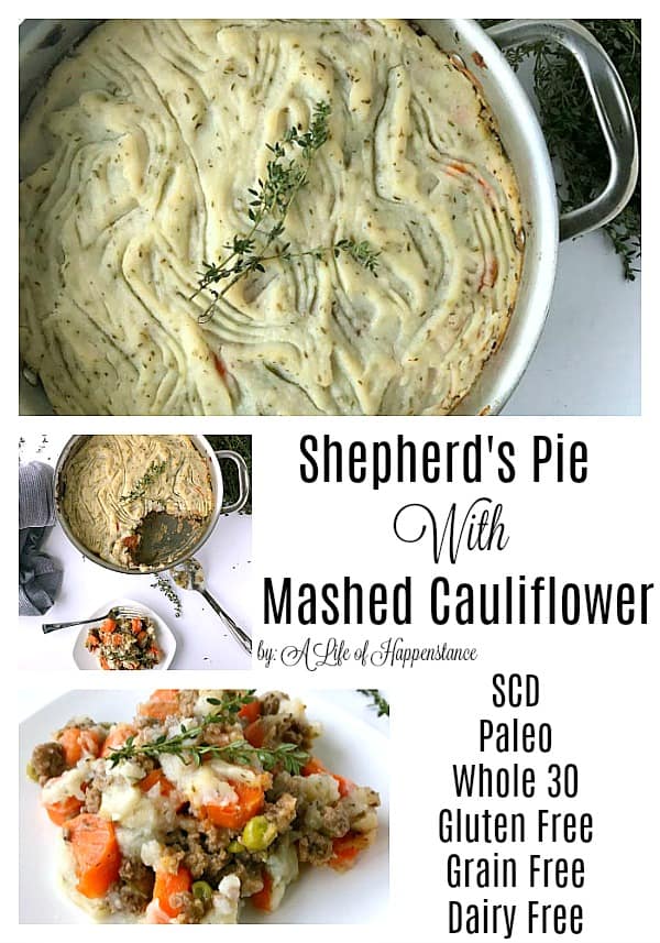 An easy and healthy shepherd's pie topped with a creamy, dairy-free mashed cauliflower. This comforting meal is a wonderful cold weather dish that's simple to make. The recipe is gluten free, grain free, and dairy dairy. It's SCD legal and can easily be made paleo and Whole30 by omitting the peas! 