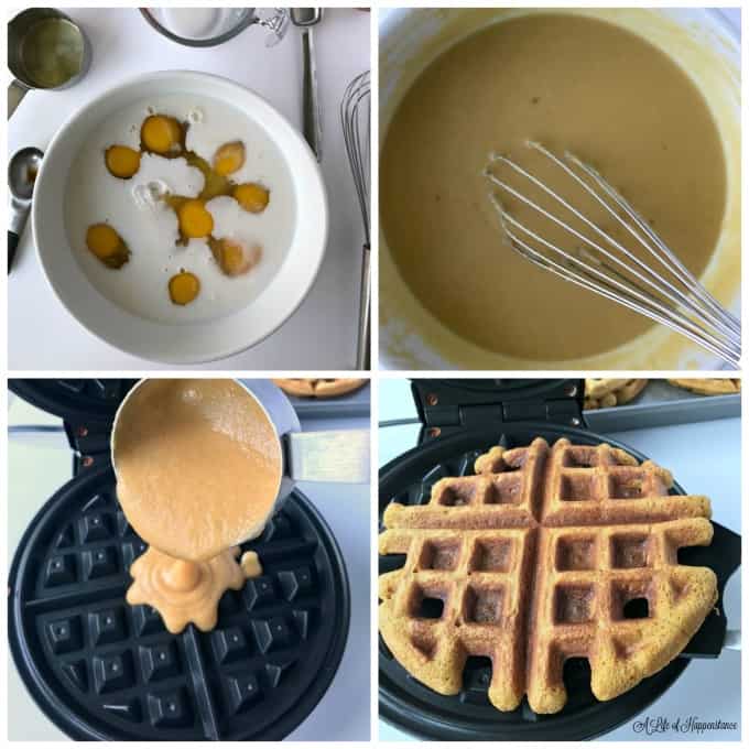 Four picture collage. 1. Ingredients in a white bowl. 2. batter is whisked and smooth in a white bowl. 3. Batter being poured into a waffle maker. 4. Cooked waffle being removed from the waffle maker. 
