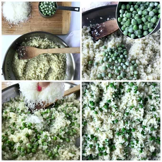 Four process shot of of making the Parmesan cauliflower rice risotto. 