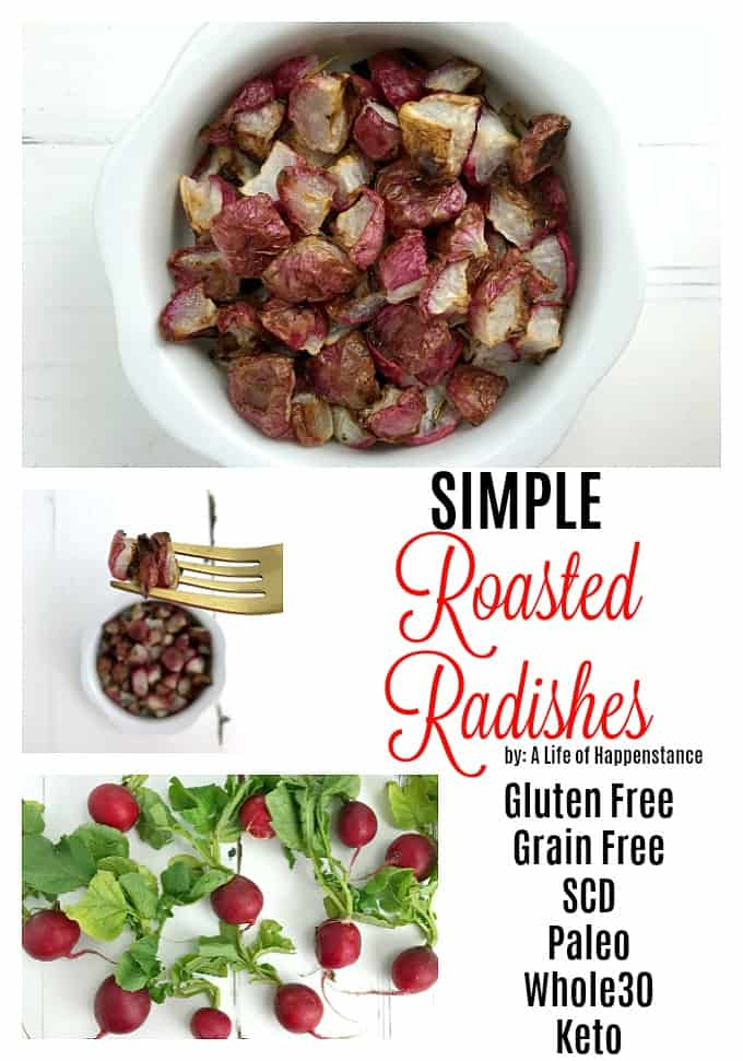 This oven roasted radishes recipe is incredibly simple and a great sub for potatoes of you're watching your carbs. The radishes come out slightly crisp and with a delicious char. The recipe uses less than a handful of ingredients and is SCD, Whole30, Paleo, gluten free, grain free, dairy free, soy free, and added sugar free. 