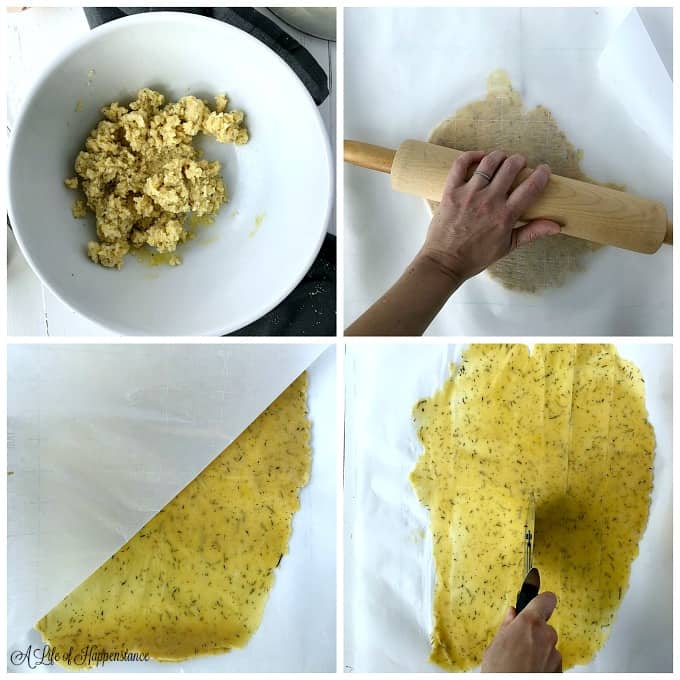 Four picture collage of how to make almond crackers. Top left picture, the dough in a white bowl. Top right picture, rolling out the dough. Bottom left picture, removing the top piece of parchment paper. Bottom right picture, cutting the dough with a pizza cutter. 