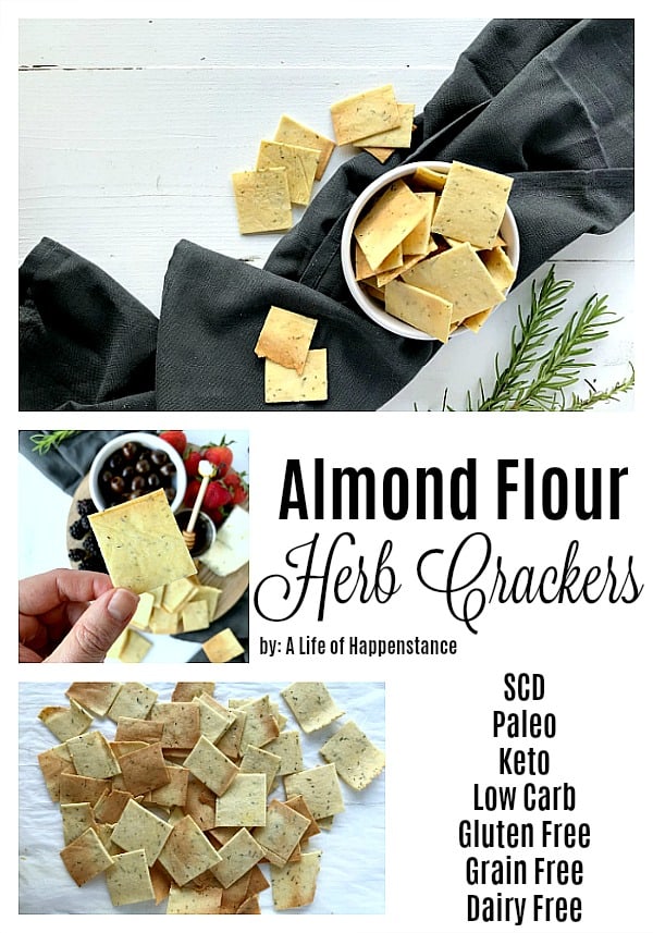 These rosemary thyme crackers are a crispy, easy to make healthy snack recipe! The flavorful almond flour crackers are SCD, paleo, low carb, gluten free, grain free, and dairy free. 