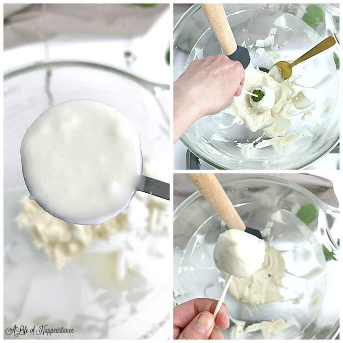 Three photo collage. Left photo, holding a tablespoon of coconut butter over a mixing bowl. Top right photo, rolling an almond flour vanilla cake pop in white frosting. Bottom right photo, holding a green cake pop decorated with a white frosting shell. 