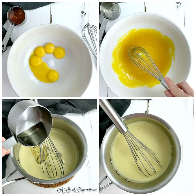 A four photo collage showing how to make a dairy free vanilla custard. Top left photo, egg yolks in a white bowl. Top right photo, mixing the yolks with honey. Bottom left photo, pouring coconut oil into the custard. Bottom right photo, the fully made vanilla custard. 