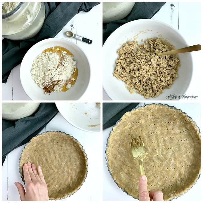 A four photo collage showing how to make an almond flour crust. Top left, all the ingredients in a white bowl. Top right photo, the dough in a white bowl. Bottom left photo, pressing the dough into the tart pan. Bottom right photo, using a fork to prick holes in the dough. 