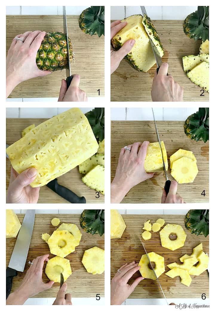 A six photo collage showing how to cut the pineapple into rings. Photo one, cutting the bottom off of a pineapple. Photo two, slicing the skin off the pineapple. Photo three, the pineapple with all the skin removed. Photo four, slicing the pineapple into ¼ inch rings. Photo five, using a paring knife to cut the core out of the pineapple rings. Photo six, slicing the pineapple rings in half. 