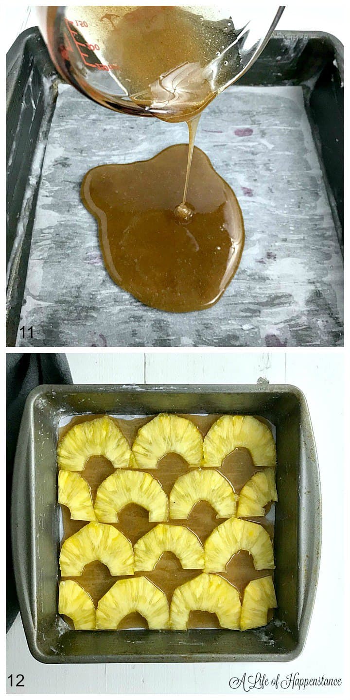 A two photo collage. Top photo is of honey cinnamon sauce being poured into a parchment lined baking dish. Bottom photo is of a cake pan covered in honey cinnamon sauce and topped with fresh pineapple rings. 