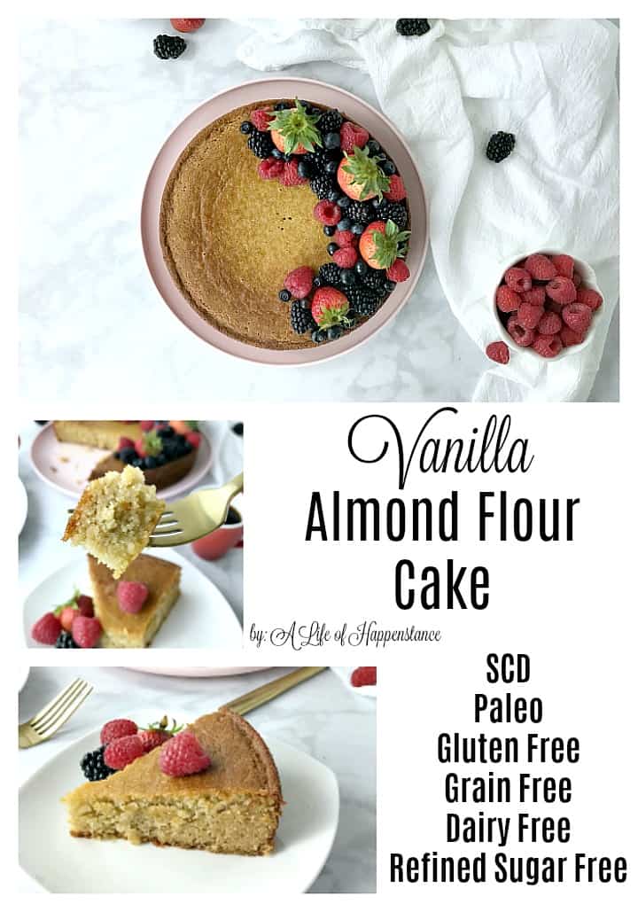 This classic vanilla cake is made with almond flour and sweetened with honey. It's an easy and simple dessert that's SCD, Paleo, gluten free, grain free, dairy free, refined sugar free, and vegetarian. 