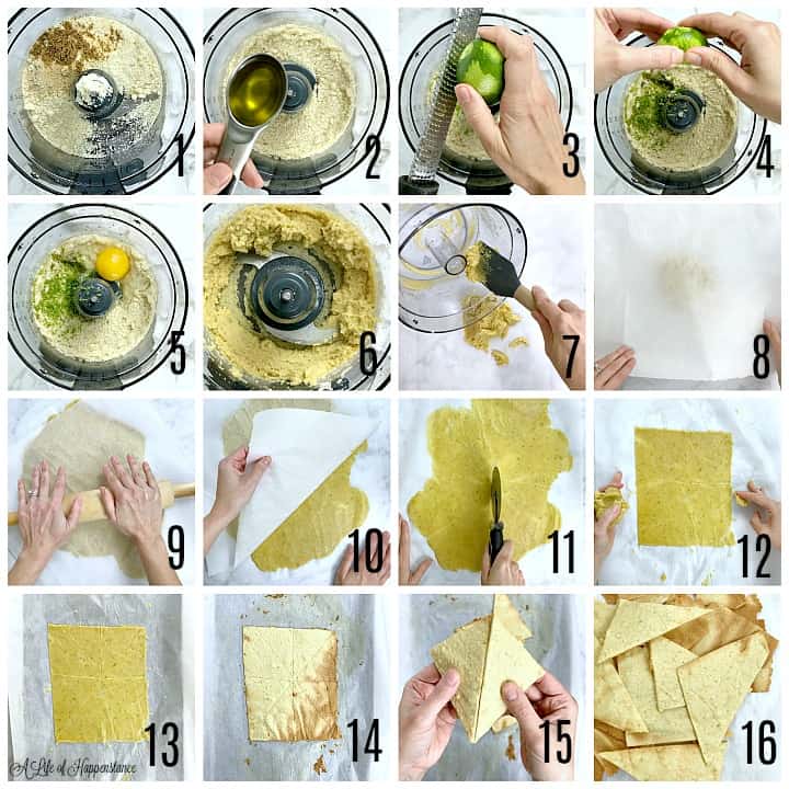 A photo collage. Photo 1, all of the dry ingredients in the bowl of a food processor. Photo 2, pouring olive oil into the bowl. Photo 3, zesting a lime into the bowl. Photo 4, squeezing lime juice into the bowl. Photo 5, an egg in the bowl with the rest of the ingredients. Photo 6, the formed dough in the bowl of the food processor. Photo 7, scooping the dough out of the bowl and onto a piece of parchment paper. Photo 8, placing a piece of parchment paper on top of the dough. Photo 9, rolling the dough with a rolling pin. Photo 10, peeling the top piece of parchment paper off of the dough. Photo 11, scoring the dough with a pizza cutter. Photo 12, removing the excess dough from the parchment paper. Photo 13, the dough on a backing sheet. Photo 14, the baked chips cooling on a baking sheet. Photo 15, snapping the chips apart. Photo 16, all of the homemade tortilla chips on parchment paper. 