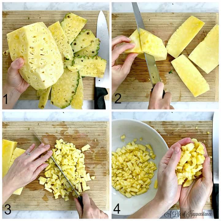 A collage showing how to cut a pineapple. 