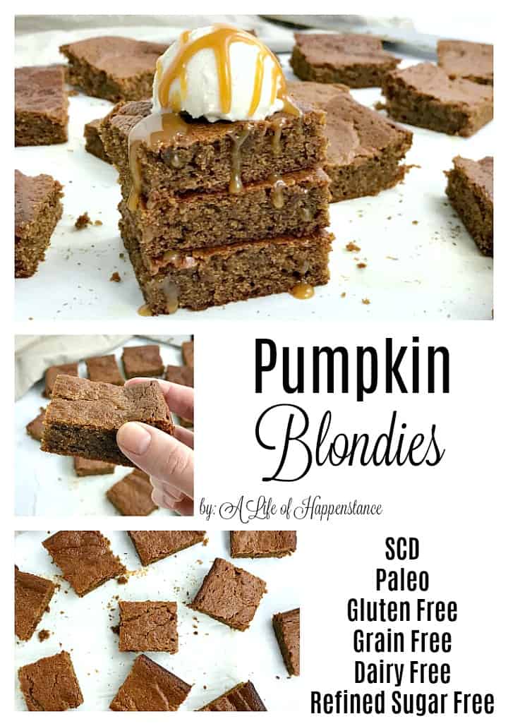 These flourless pumpkin blondies have an almond butter base and are sweetened with honey. This easy fall dessert recipe is Paleo, SCD, gluten free, grain free, dairy free, and refined sugar free.