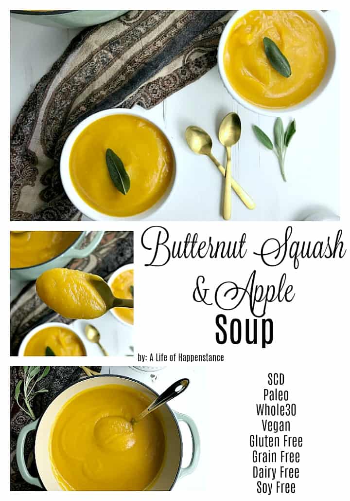 This easy butternut squash soup recipe is filled with wholesome, healthy ingredients. The apples provide a subtle sweetness to this creamy and comforting meal.  The soup is SCD, Paleo, Whole30, vegan, gluten free, grain free, dairy free, egg free, and soy free. 