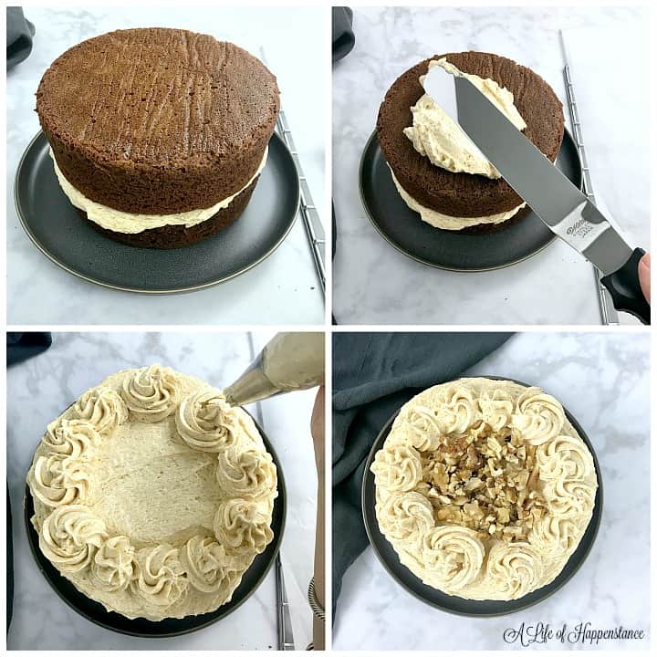 A collage assembling and decorating the cake. 