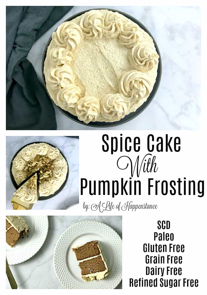 This gluten free spice cake with pumpkin frosting is dense, moist and full of  the comforting flavors you'd expect from a fall dessert! The cake has an almond flour base that's sweetened with honey while the frosting uses fresh pumpkin and coconut for a delicious and creamy topping. This recipe is SCD, Paleo, gluten free, grain free, dairy free, and refined sugar free.