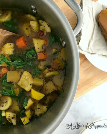 A large pot filled with the 10 vegetable soup recipe.