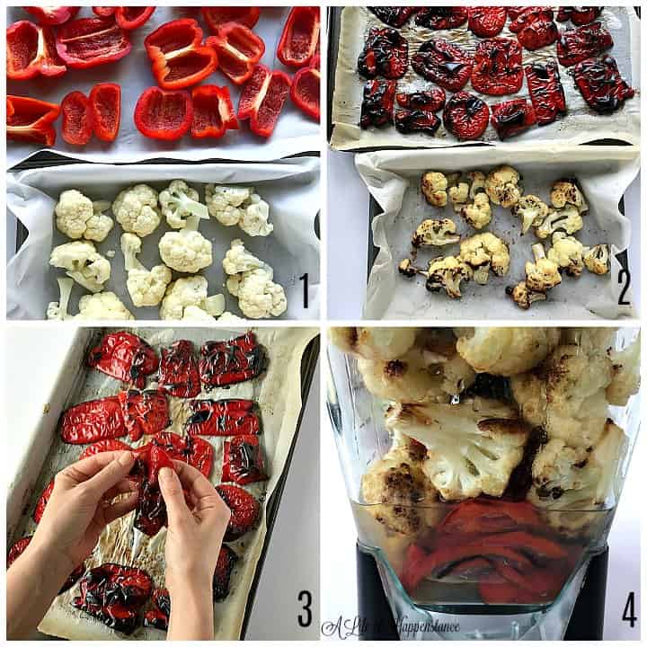 A four photo collage showing how to make the soup. Photo one; raw red peppers and cauliflower on baking sheets. Photo two; roasted vegetables on baking sheets. Photo three; peeling the skins off the red peppers. Photo four; all of the ingredients in the blender. 