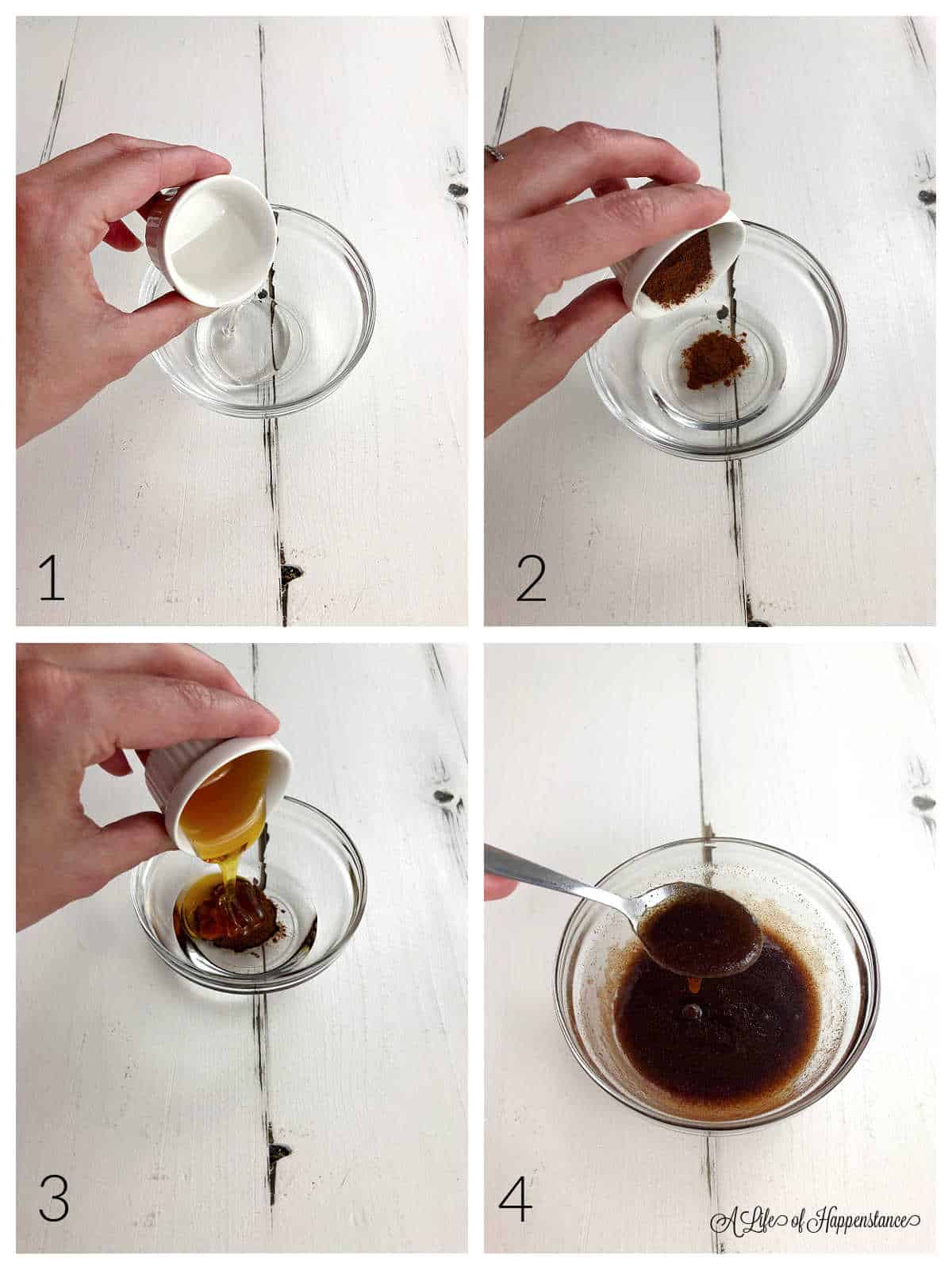 A collage showing how to make the cinnamon swirl sauce. 