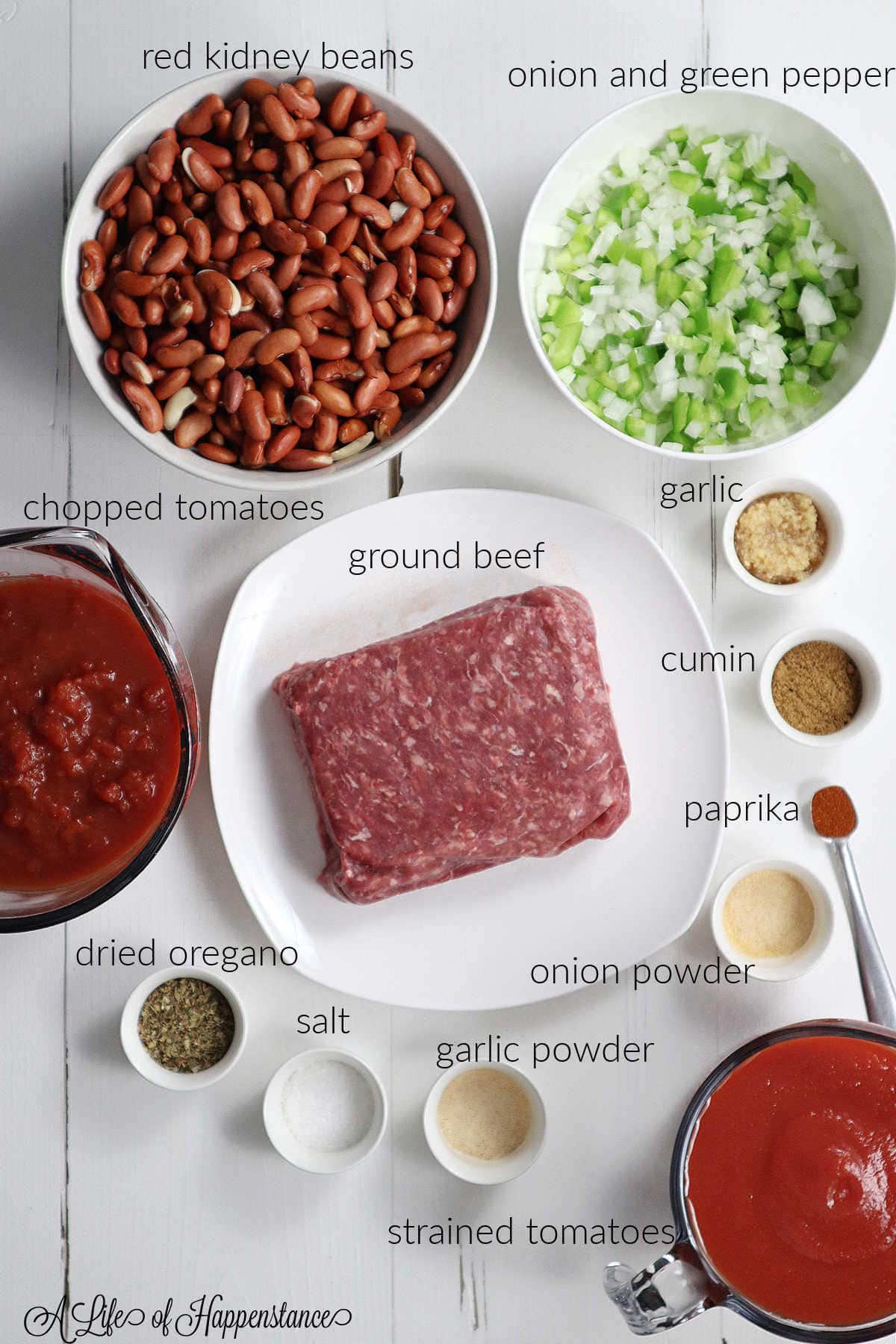 Ingredients for chili; red kidney beans, diced onions and grenn bell peppers, chopped tomatoes, ground beef, minced garlic, cumin, paprika, dried oregano, salt, garlic powder, onion powder, strained tomatoes.