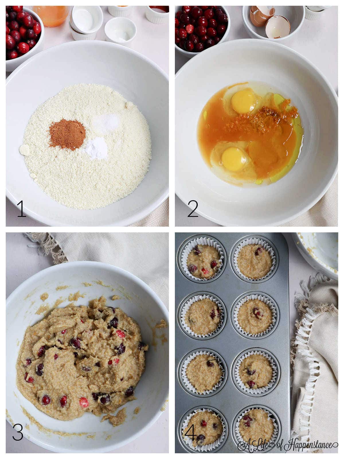 A four photo collage showing how to make the muffins. Photo one; the dry ingredients in a white bowl. Photo two; the wet ingredients in a separate white bowl. Photo three; the batter mixed together along with the cranberries. Photo four; the batter evenly divided among the muffin cups.