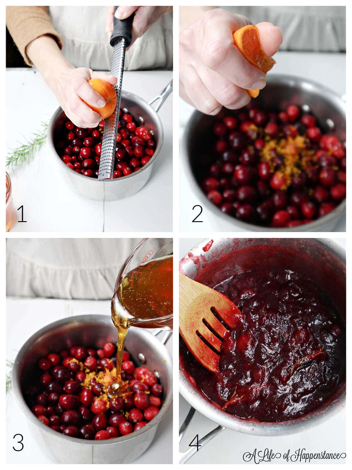 A four photo collage showing how to make cranberry sauce. Photo one; zesting a clementine. Photo two; squeezing clementine juice into the pot of cranberries. Photo three; pouting honey into the pot. Photo four; The cranberry sauce cooked.