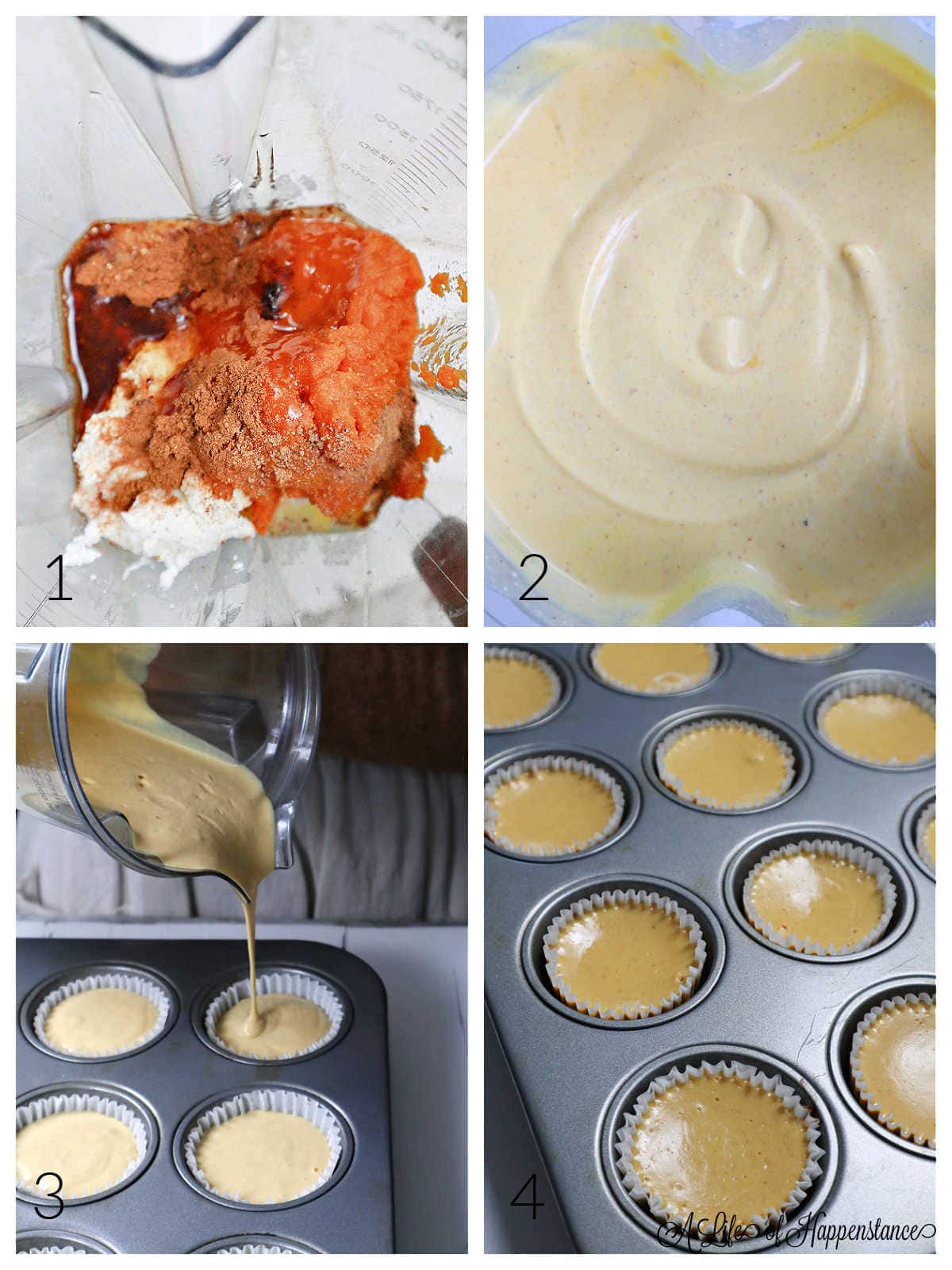 A four photo collage showing how to make the filling. Photo one; all of the ingredients in the blender. Photo two; the mixture blended and creamy. Photo three; pouring the filling into the prepared muffin cups. Photo four; the cheesecakes baked and cooling in the muffin tin.