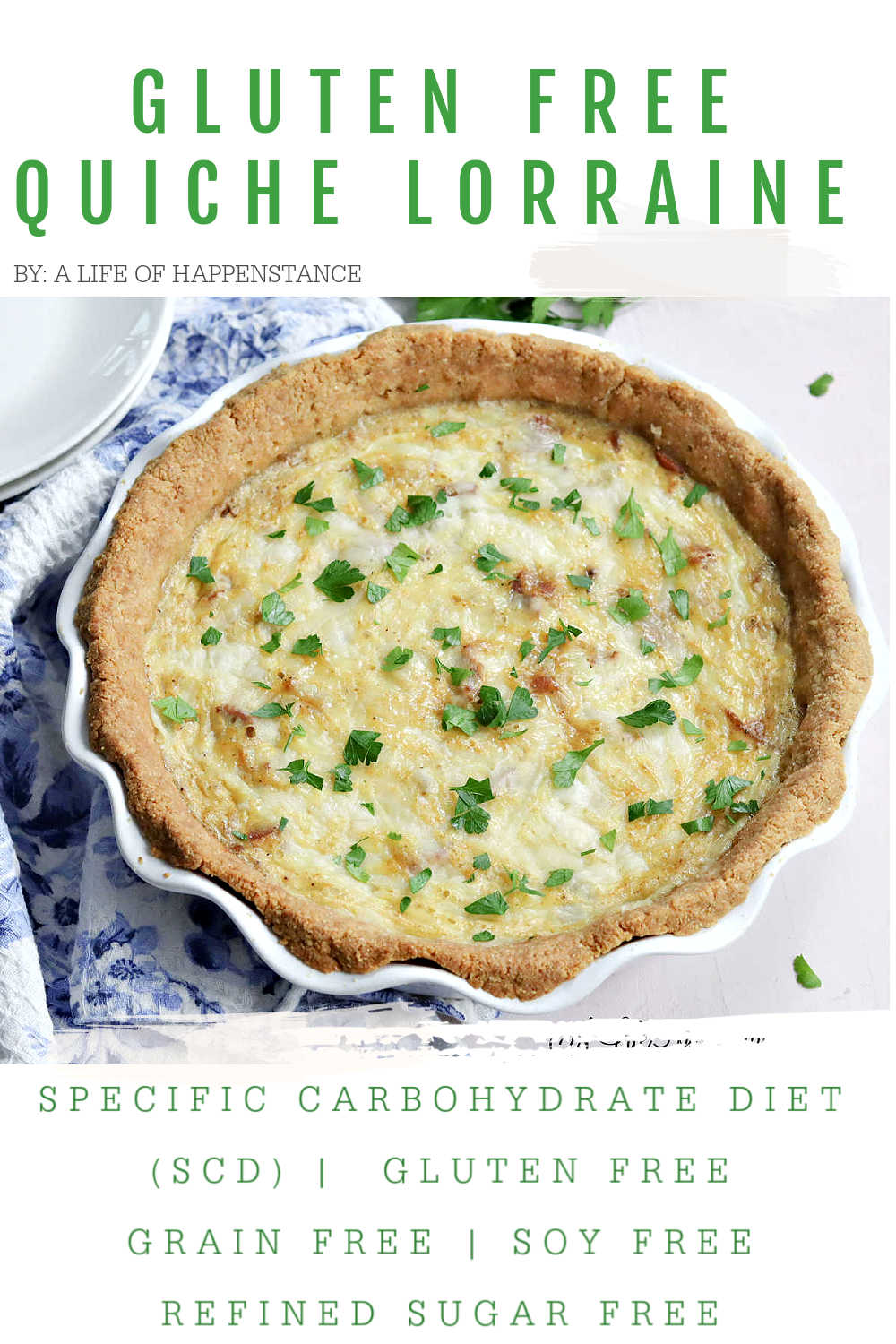 This Gluten Free Quiche Lorraine recipe has an easy almond flour crust that's filled with a savory egg custard. The additions of caramelized onions, bacon, and cheese take this delicious quiche over the top! The recipe is SCD, gluten free, grain free, soy free, added sugar free, and low lactose.