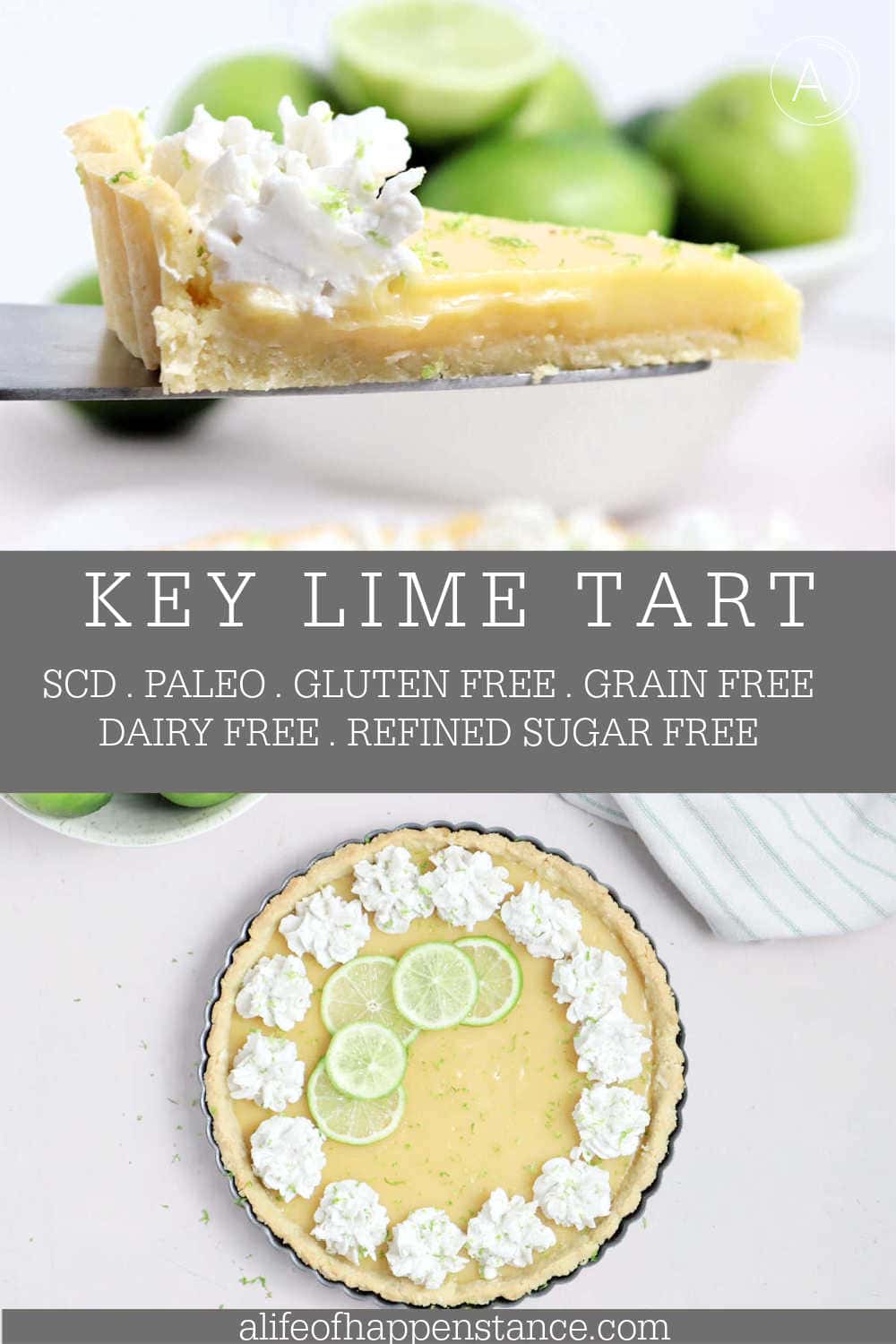 This Key Lime Tart recipe has a crisp almond coconut crust, a mouth puckering lime curd filling, and a refreshing whipped coconut cream topping that rounds out all the flavors! It's a simple, slightly healthier twist on a classic dessert that's SCD, Paleo, gluten free, grain free, dairy free, and refined sugar free.