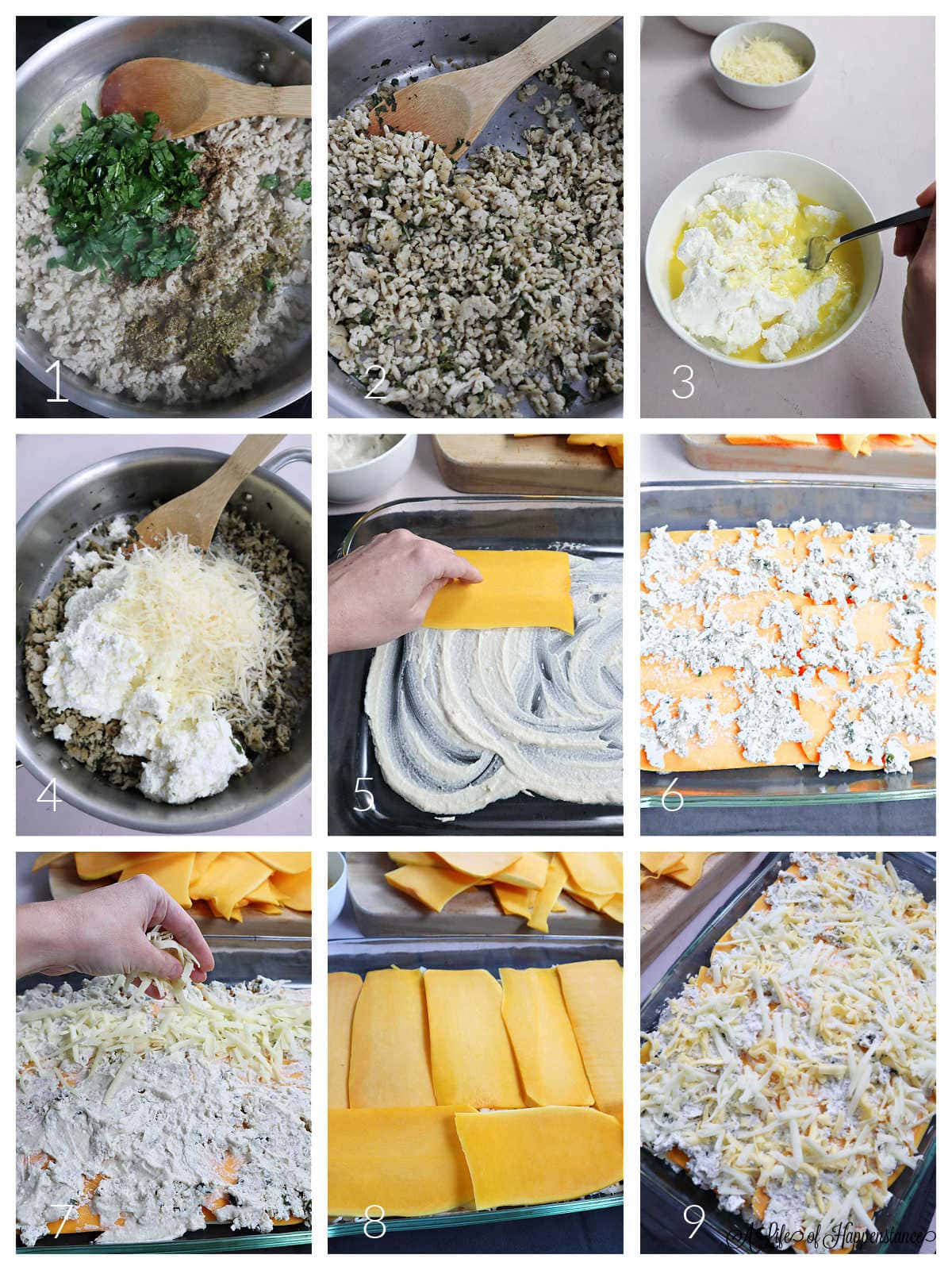 A nine photo collage showing how to make and assemble the lasagna.